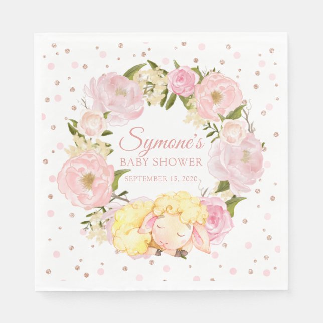 Lamb Rose Gold and Pink Peony Girl Baby Shower Napkins (Front)