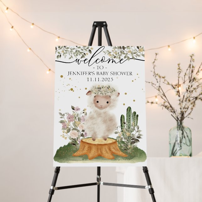 Lamb Sheep Floral Welcome to baby shower Sign (In Situ (Stand))