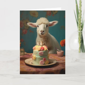 Lamb / Sheep with a Birthday Cake Card