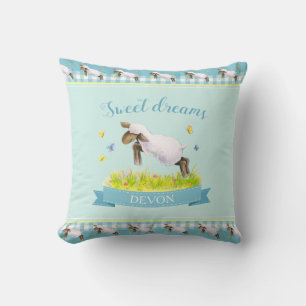 Lamb skipping cute custom name aqua teal throw pillow