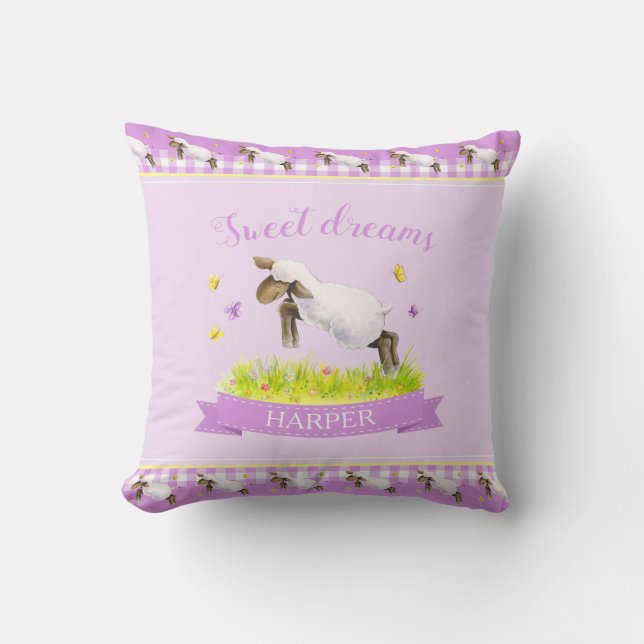 Lamb skipping cute custom name purple throw pillow (Front)
