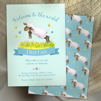 Lamb skipping cute welcome to the world aqua invitation