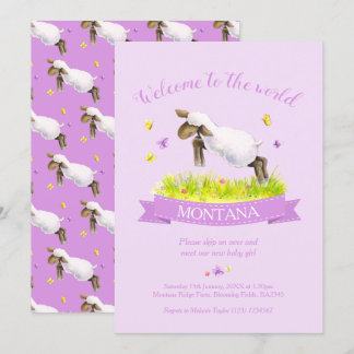 Lamb skipping cute welcome to the world purple invitation