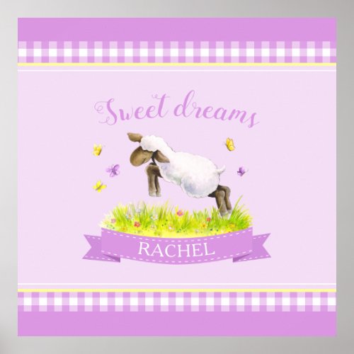 Lamb skipping cute whimsy custom name nursery poster