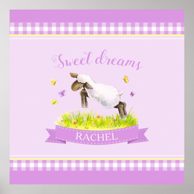 Lamb skipping cute whimsy custom name nursery poster (Front)