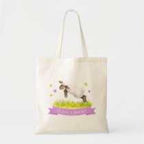 Lamb skipping spring whimsy art purple name book tote bag