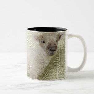Lamb Standing Indoors, and Floral Wallpaper Two-Tone Coffee Mug
