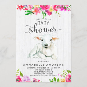 Lamb & Watercolor Floral Baby Shower Invitation