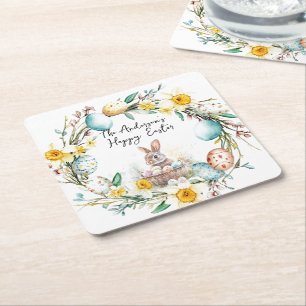 Lamb with a Crosss I eggs and floral Easter Square Paper Coaster