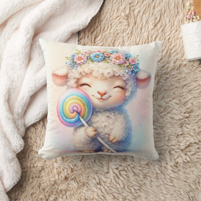 Lamb with Lollipop Throw Pillow (Blanket)