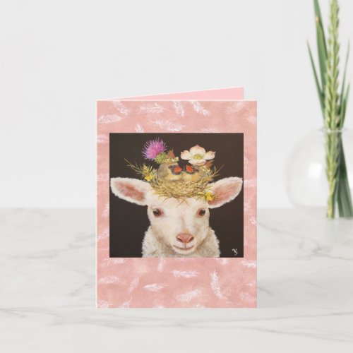 Lamb with two baby cardinals notecard