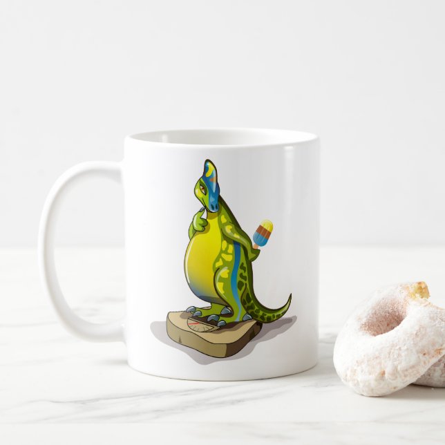 Lambeosaurus Standing On A Weight Scale. Coffee Mug (With Donut)