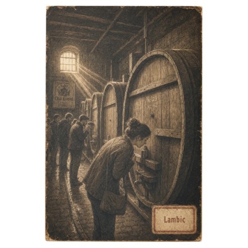 Lambic Cellar Tasting Scene Metal Plate Art