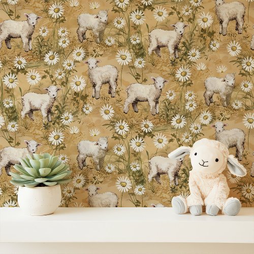 Lambs And Daisies On Yellow Wallpaper