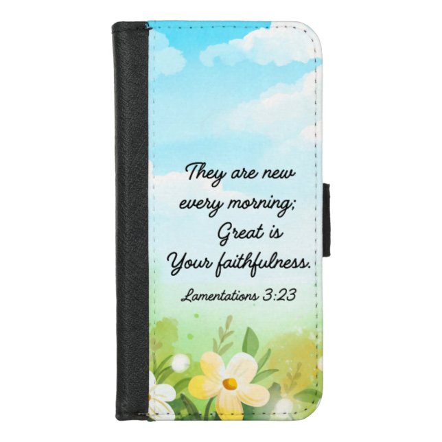 Lamentations 3:23 Yellow Spring Christian iPhone Wallet Case (Front)