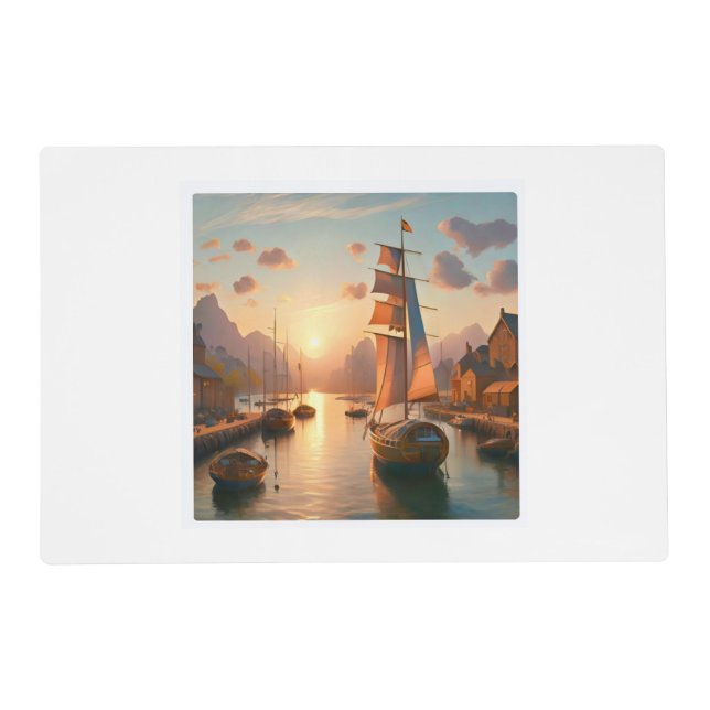 Laminated Placemat with cool River Sunset sailboat (Front)