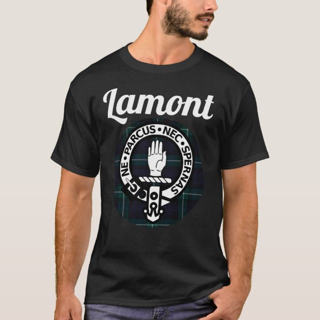 Lamont Clan Scottish Name Coat Of Arms Tartan T-Shirt (Front)