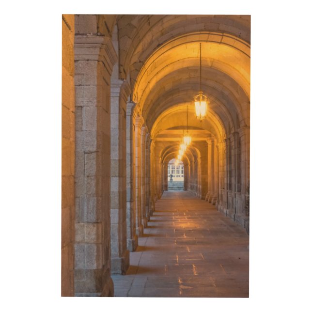 Lamp lit stone hallway, spain wood wall decor (Front)