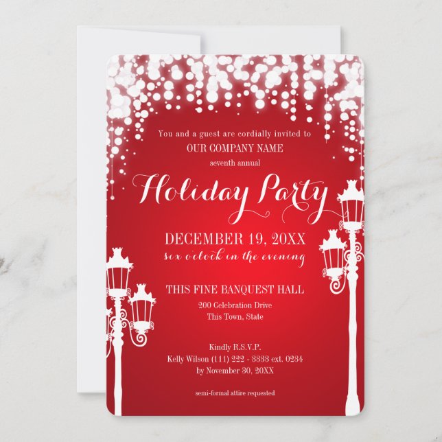 Lamp Post Sparkle Red Holiday Party Corporate Invitation (Front)
