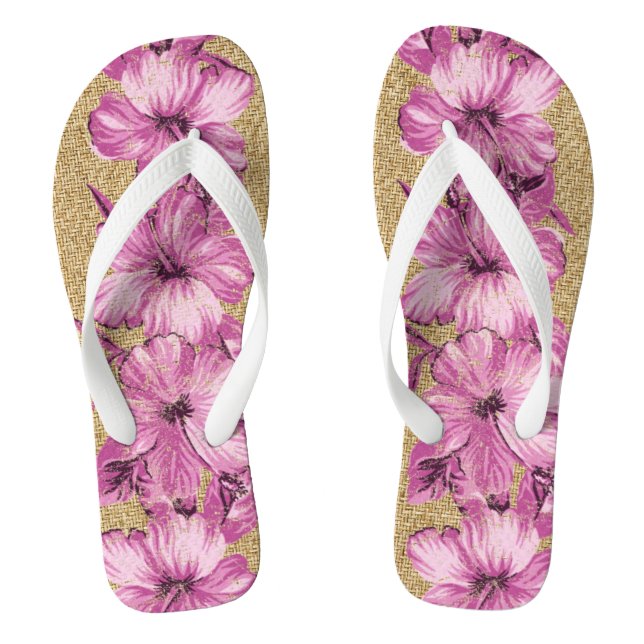 Lanai Distressed Hawaiian Hibiscus - Pink Flip Flops (Footbed)