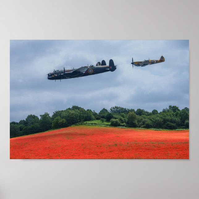 Lancaster Bomber And Hawker Hurricane Flying Over  Poster (Front)