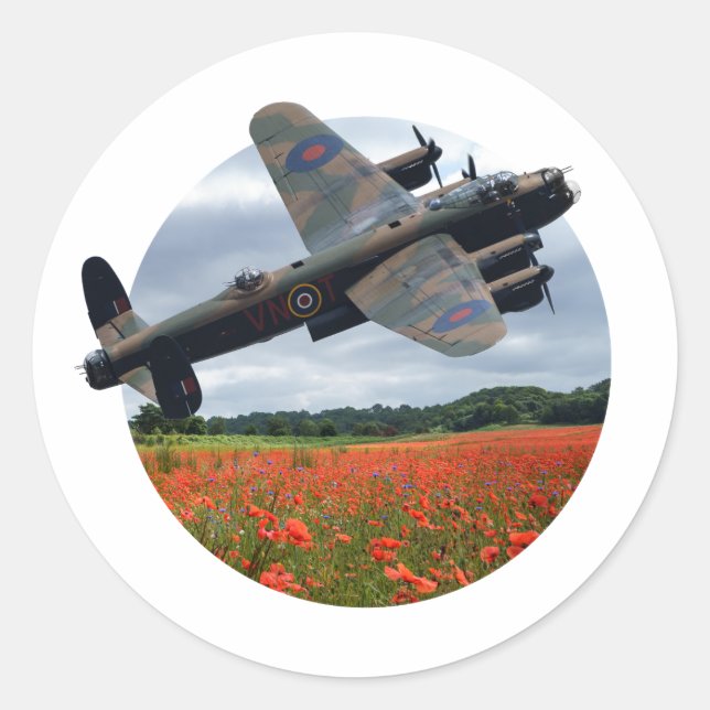 Lancaster Bomber Over A Poppy Field Classic Round Sticker (Front)