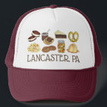 Lancaster, PA Pennsylvania Dutch Amish Foods Trucker Hat<br><div class="desc">Illustration features classic Amish and Pennsylvania Dutch food favorites including: whoopie pies, chicken pot pie, soft pretzels, gingersnap cookies, chow chow relish, apple butter, shoo fly pie, and apple dumplings. Great for your favorite foodie, or any fan of PA Dutch cuisine! This Amish food design is also available on other...</div>
