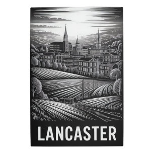 Lancaster Pennsylvania Skyline Black White Woodcut Metal Print