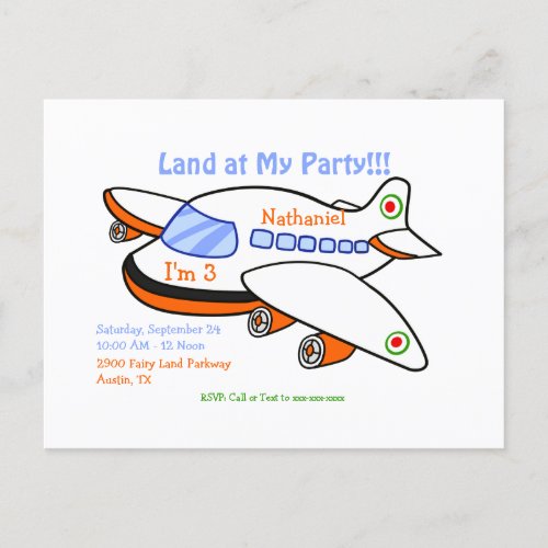 Land at My Party Airplane Themed Kids Invitation Postcard