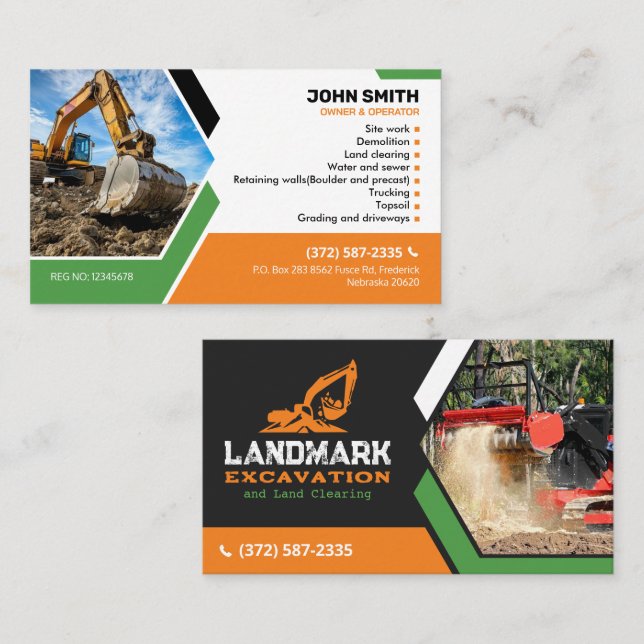 Land clearing, Excavation,Landscaping,Construction Business Card (Front/Back)