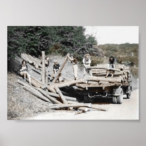 Land Girls Hauling Logs WWII Poster
