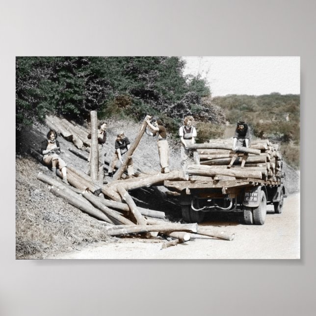 Land Girls Hauling Logs WWII Poster (Front)
