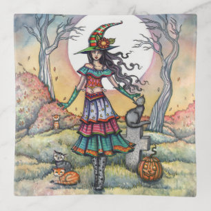 Land of Cats Witch and Cat Halloween Glass Tray