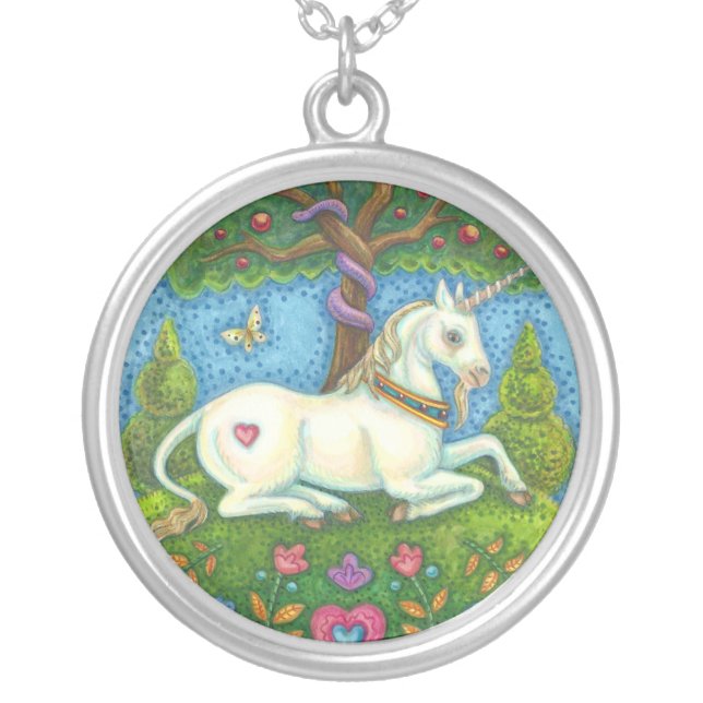 Land Of Eden Unicorn Garden Fantasy Round NECKLACE (Front)