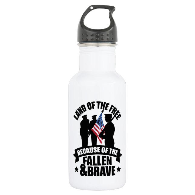Land of Free Because of Fallen & Brave Stainless Steel Water Bottle (Front)