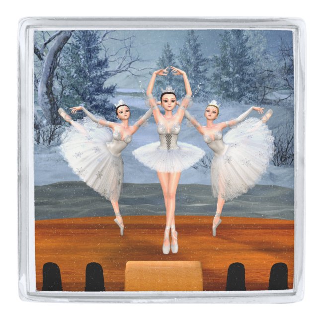 Land of Snow Dancing Ballerinas Silver Finish Lapel Pin (Front)