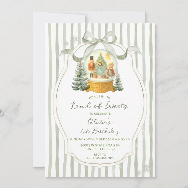 Land of Sweets Nutcracker Green Winter Birthday Invitation (Front)