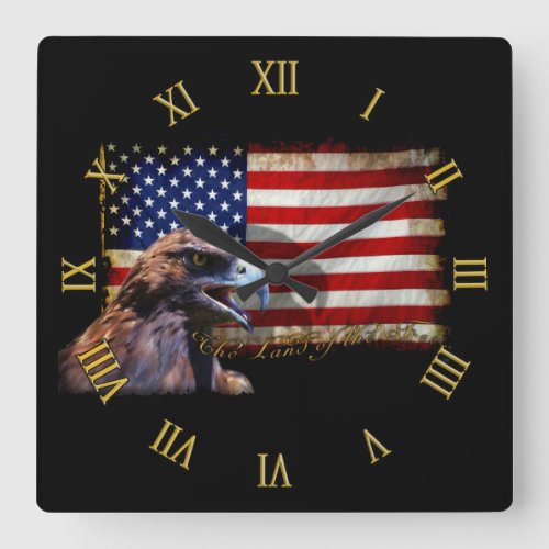 Land of the Free Patriotic US Flag and Eagle Square Wall Clock