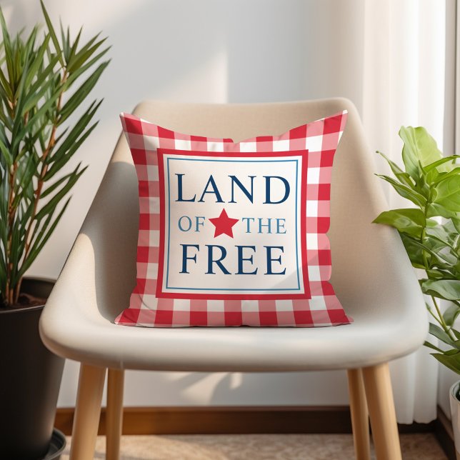 Land of the Free Red Gingham Patriotic Outdoor Pillow (Creator Uploaded)