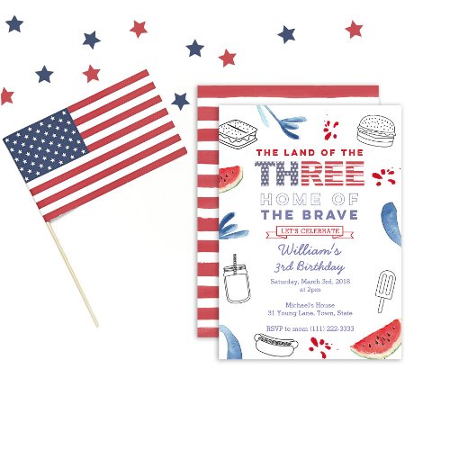 Land of the Free Stars and Stripes 3rd Birthday Invitation