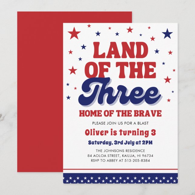 Land of the Three 4th July Patriotic 3rd Birthday Invitation (Front/Back)