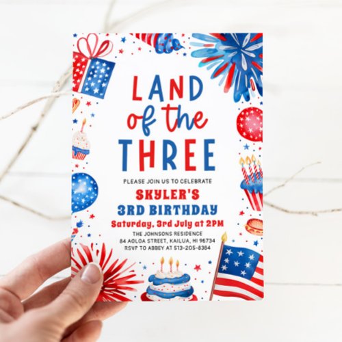 Land of the Three 4th July Patriotic 3rd Birthday  Invitation