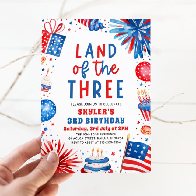 Land of the Three 4th July Patriotic 3rd Birthday  Invitation (Watercolor Fireworks Patriotic 4th of July Land of the Three 3rd Birthday Invitation)