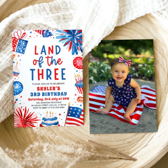 Land of the Three 4th July Patriotic 3rd Birthday  Invitation (Watercolor Fireworks Patriotic 4th of July Land of the Three 3rd Birthday Invitation)