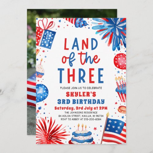 Land of the Three 4th July Patriotic 3rd Birthday  Invitation