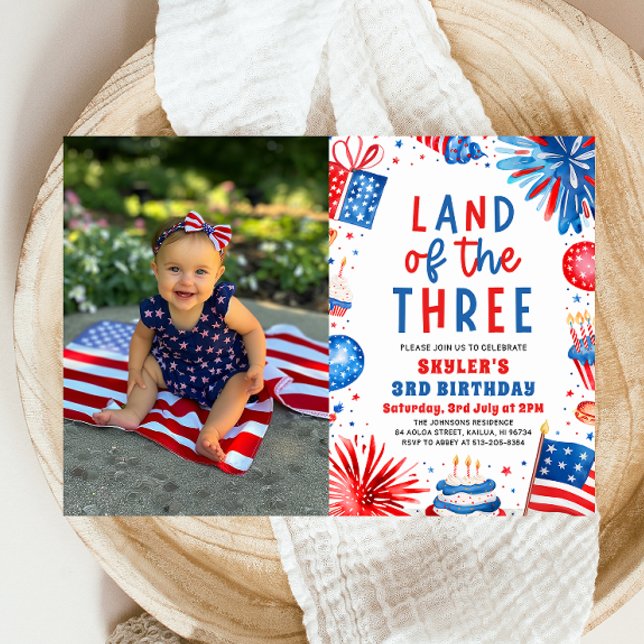 Land of the Three 4th of July 3rd Birthday  Invitation (Watercolor Fireworks Patriotic 4th of July Land of the Three 3rd Birthday Invitation)