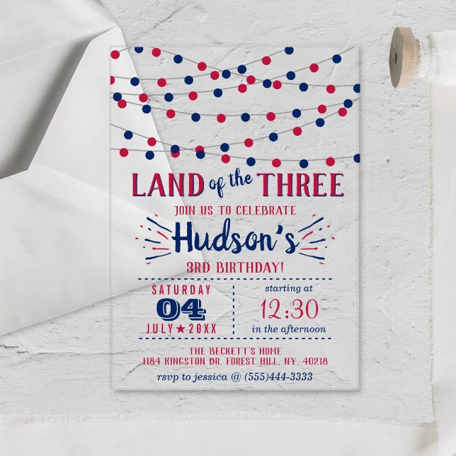 Land Of The Three! 4th Of July 3rd Birthday Party Acrylic Invitations (Creator Uploaded)