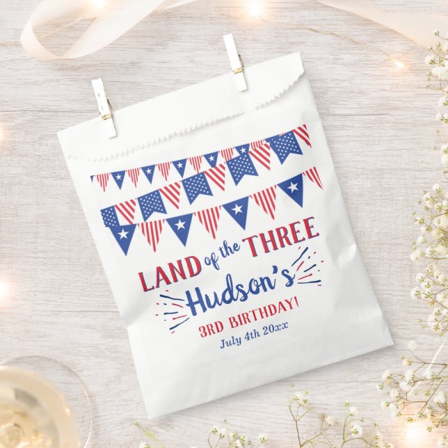 Land Of The Three! 4th Of July 3rd Birthday Party Favor Bag (Clipped)