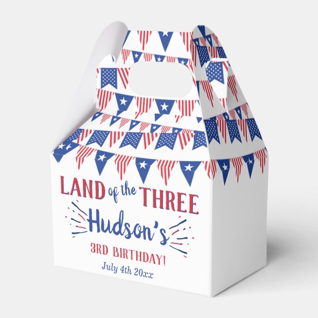 Land Of The Three! 4th Of July 3rd Birthday Party Favor Boxes (Front Side)