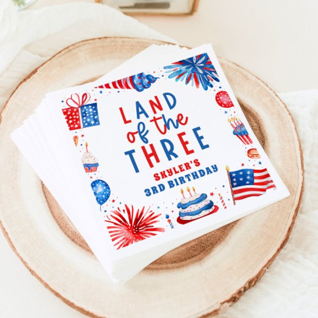 Land Of The Three 4th of July 3rd Birthday Party Napkins (Land Of The Three 4th of July 3rd Birthday Party Paper Dinner Napkins)